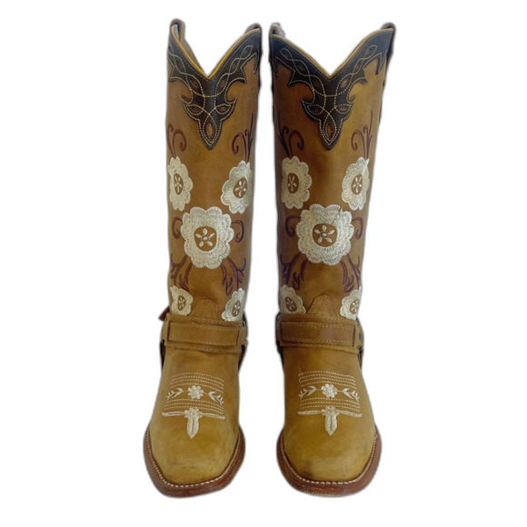 Women's Mexican Cowboy Boots Tan Leather Floral Embroidered Western Size 8 - Picture 7 of 8